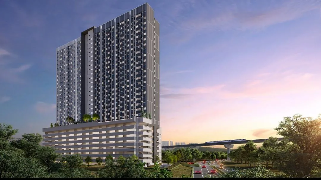 Developer render of the Rumah Mampu Milik tower at Kwasa Damansara, with the MRT line running past its podium at dusk